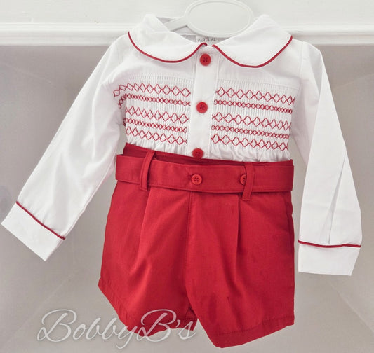 6130 - Boys Red Smocked short set