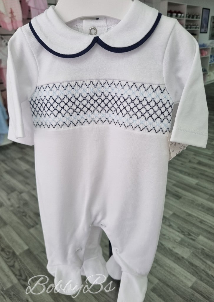 SG68 - White&Navy smocked babygrow