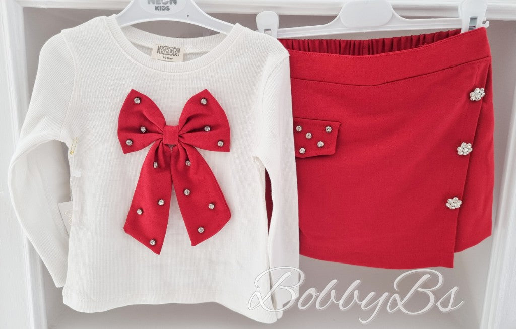 3862 - Red Diamante bow skort set