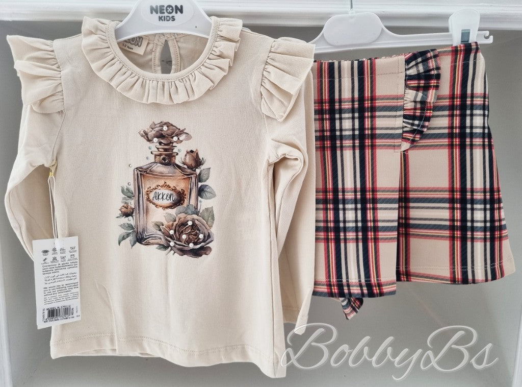 3791- Beige Tartan skort set