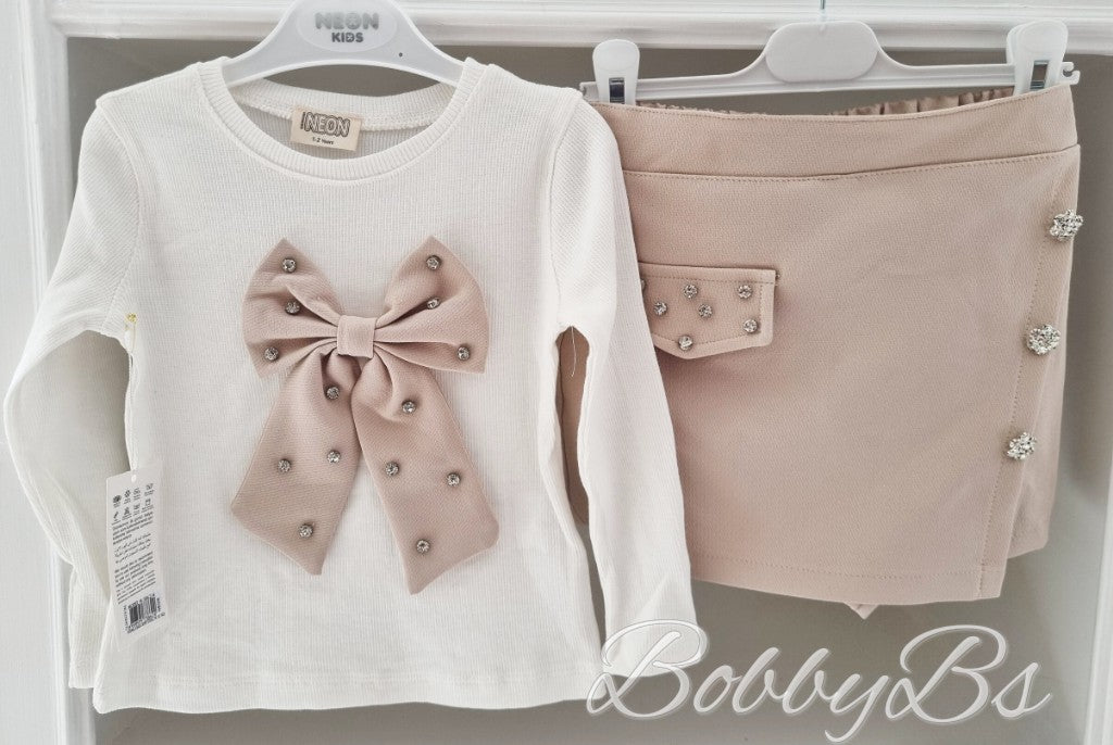 3862 - Beige Diamante bow skort set
