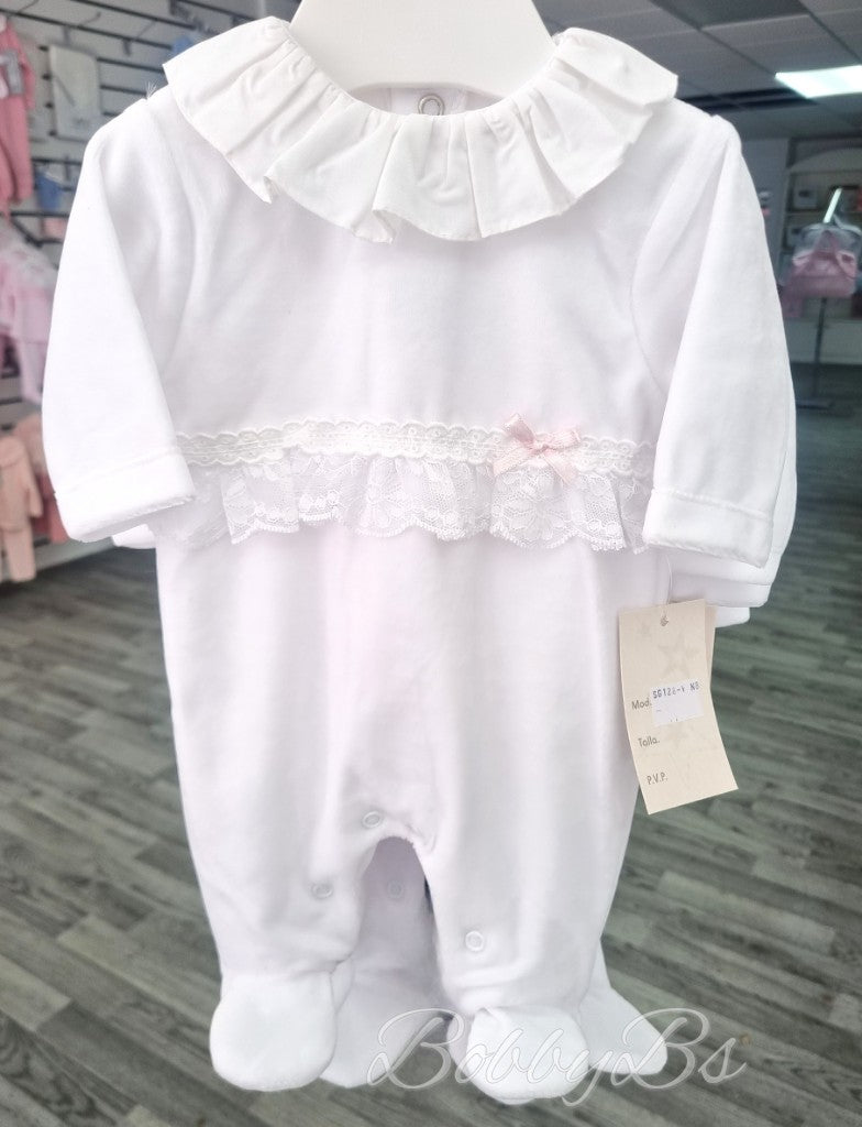 SG128 - White/Pink Velour Lace Babygrow