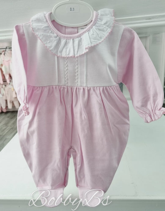 Pink cotton girls babygrow with frilly collar 