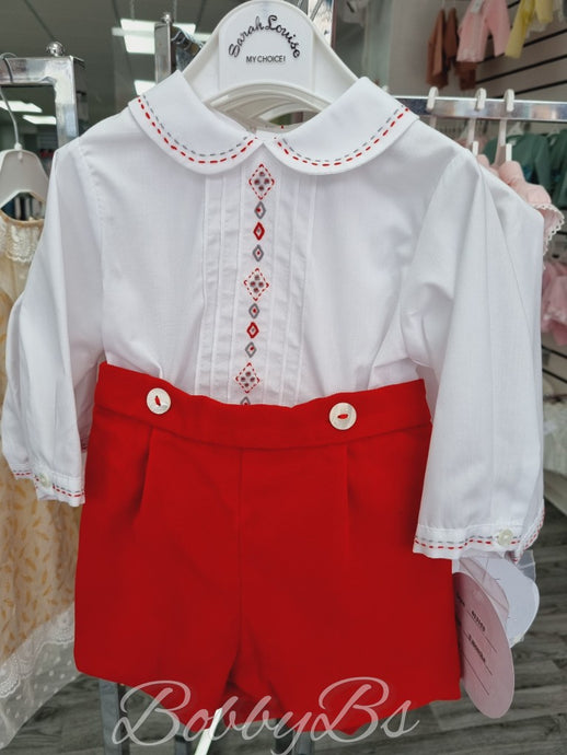 013153 - Sarah Louise white&red long sleeved shirt and short set