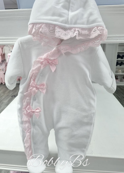 HB23100 - White&Pink Lace velour snowsuit