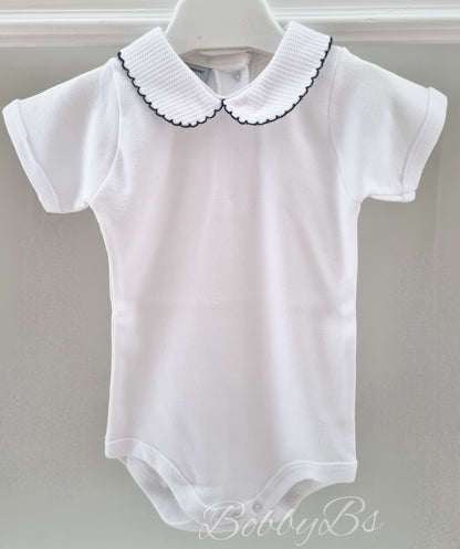 1181- White&Navy peter pan collar baby vest