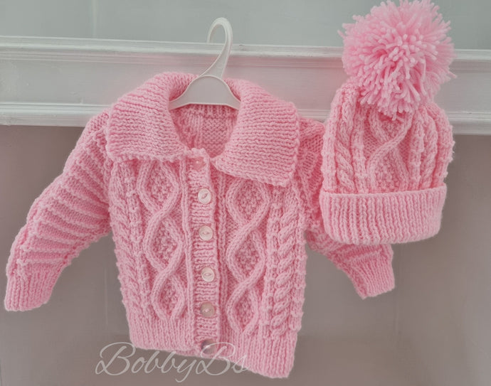 PDA41 - Knitted Pink aran cardigan set