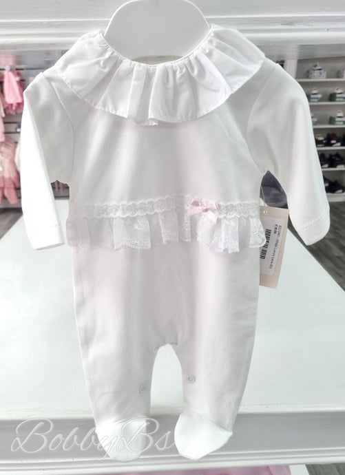 SG128C - White Luxury Lace cotton babygrow