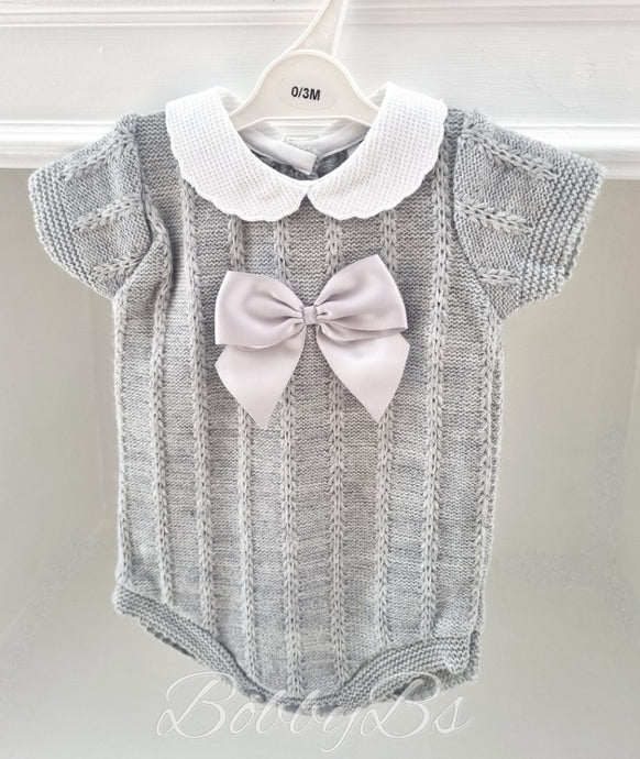 MC704 - Short sleeved grey cable knit romper