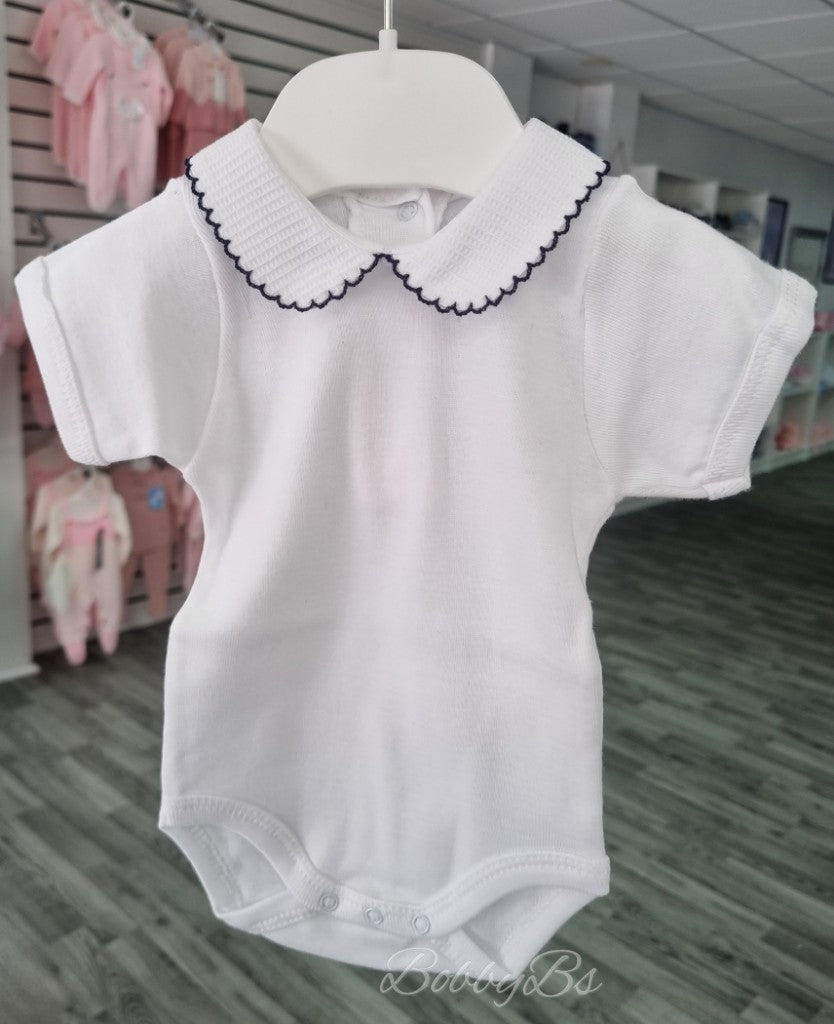 1181- White&Navy peter pan collar baby vest