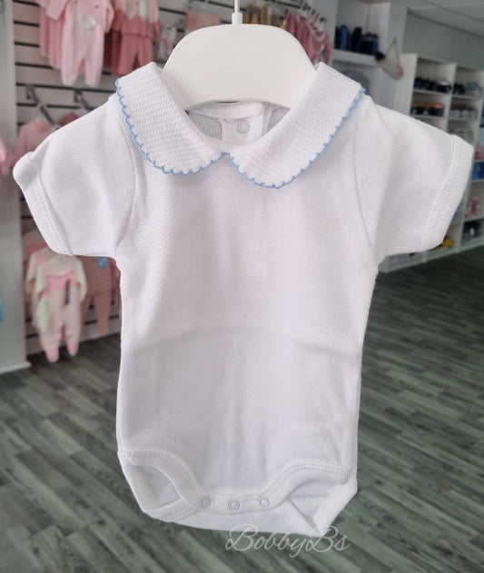 1181- White&Blue peter pan collar baby vest