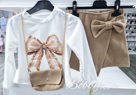 R969 - Beige Bow skort set