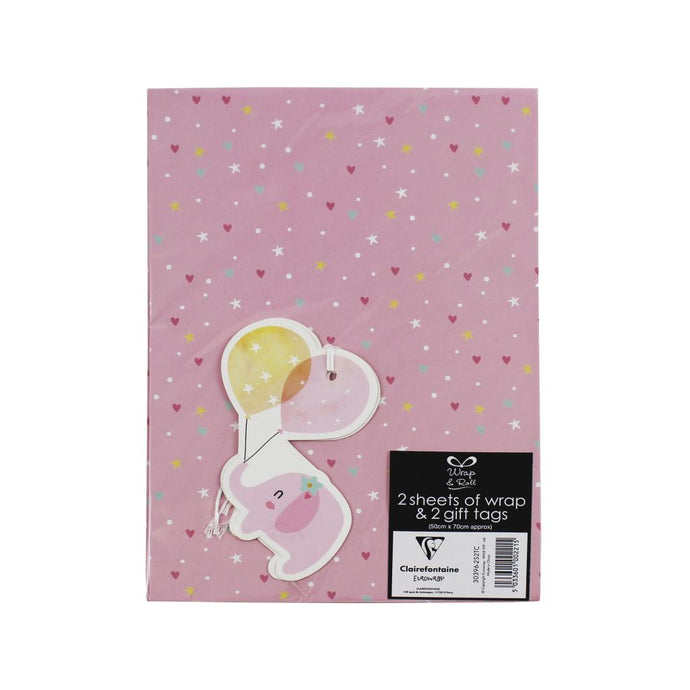 30393 - Pink Elephant Wrapping Paper and Tags - 2 Sheets