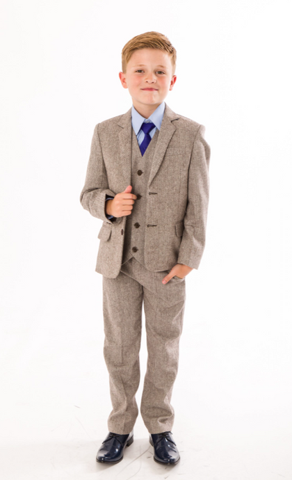 LG-HBS -  Special Occasion Boys Brown Herringbone 5 Piece suit