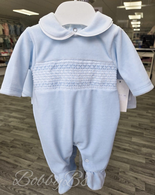 SG68 - Blue Smocked velour babygrow