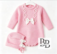 3859 - Pink Knitted romper & Bonnet set