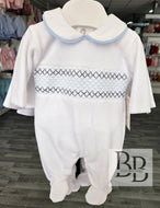 SG68 -  White & Blue Smocked velour babygrow