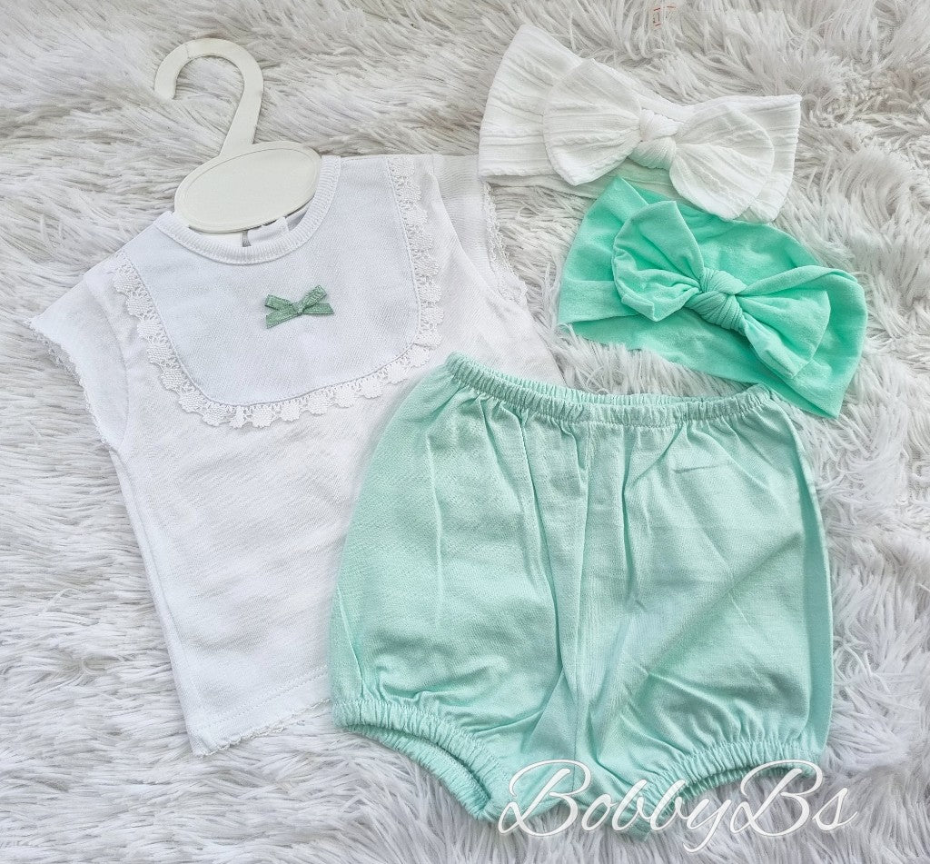 110- Mint Lace Trim cotton short set