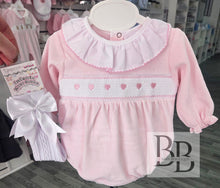 Load image into Gallery viewer, PJW2505 - Pink Heart Smocked velour romper