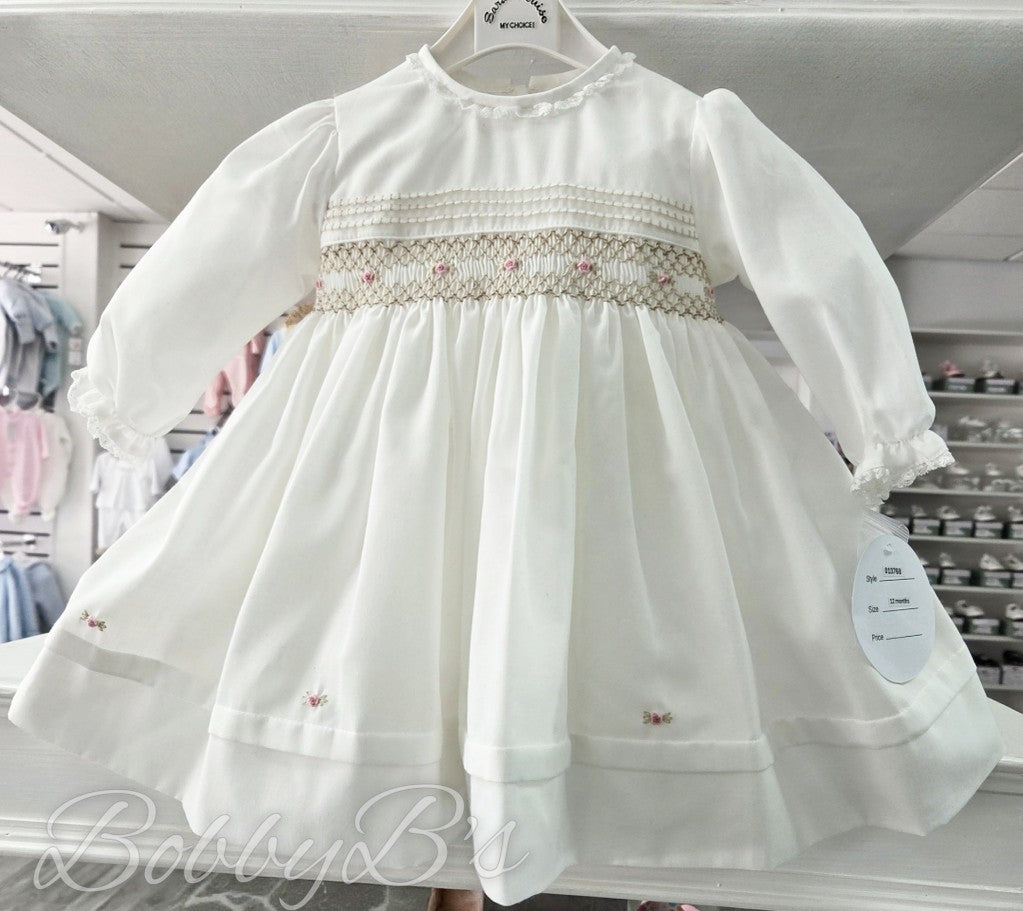 013768 - Ivory & Beige Long sleeved smocked dress