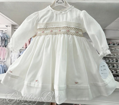 013768 - Ivory & Beige Long sleeved smocked dress