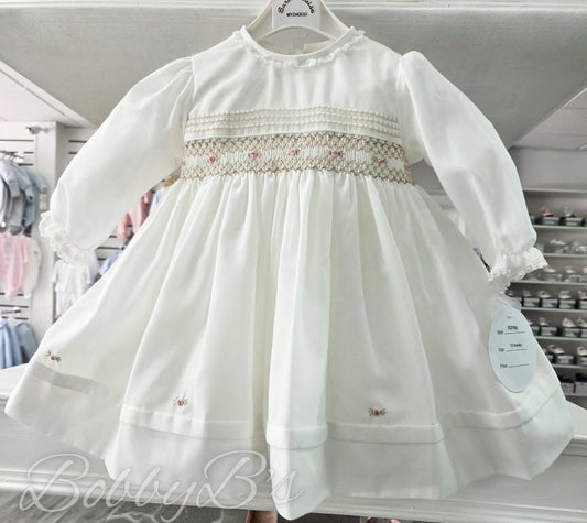 013768 - Ivory & Beige Long sleeved smocked dress