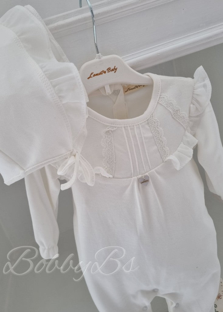BJ3262W - White Lace babygrow & Bonnet