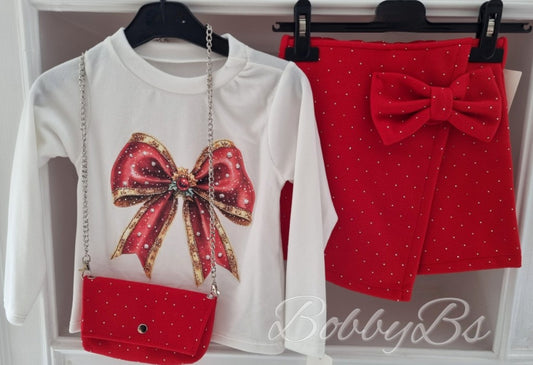 R914 - Red Diamante Skort & Bag set