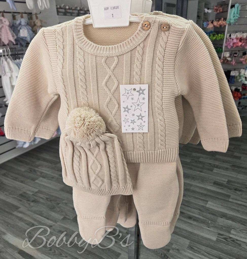 C3020 - Beige Cable 3PC Knitted set