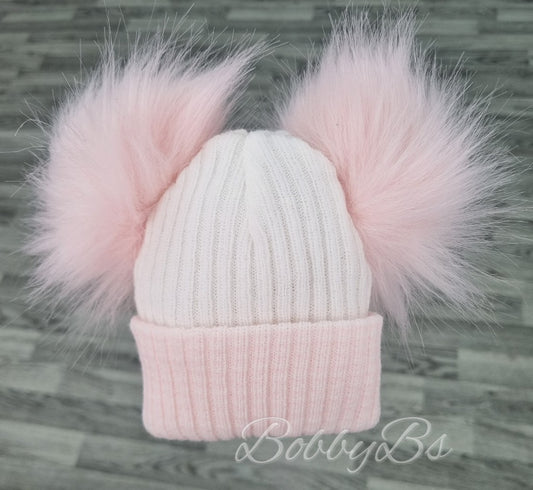 0607 - Pink Two Tone double Pompom hat