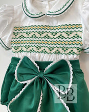 Load image into Gallery viewer, PREORDER - Girls Smocked Emerald Green Bow Romper