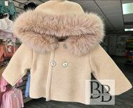 LEO - Beige Fur trimmed knitted jacket