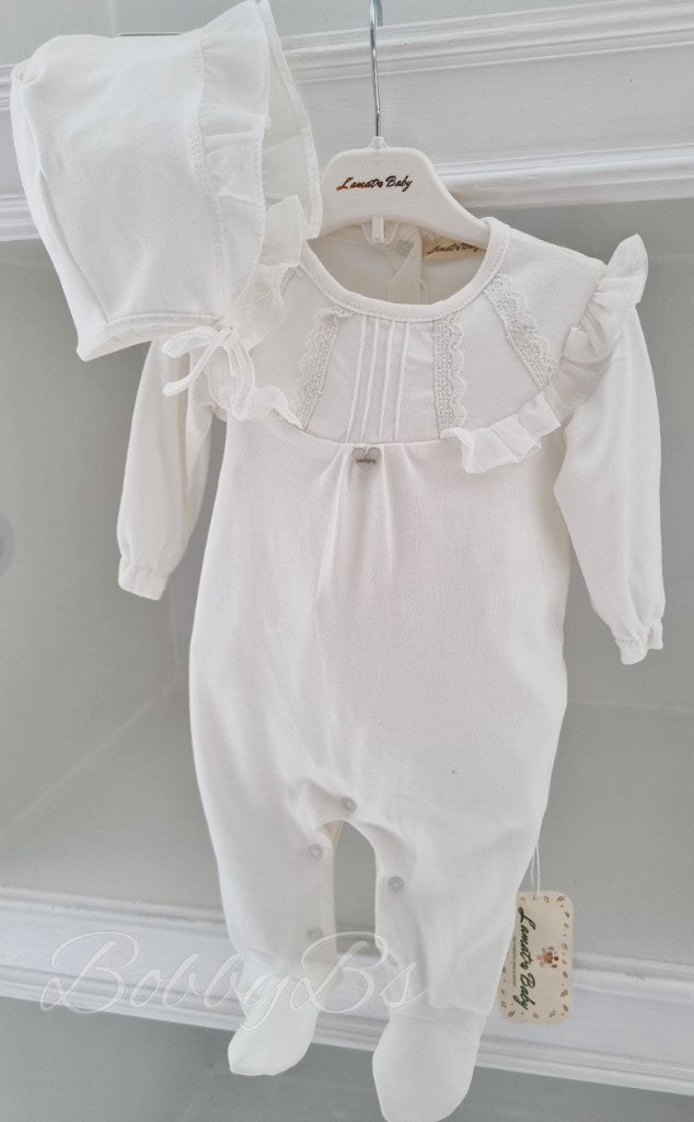 BJ3262W - White Lace babygrow & Bonnet
