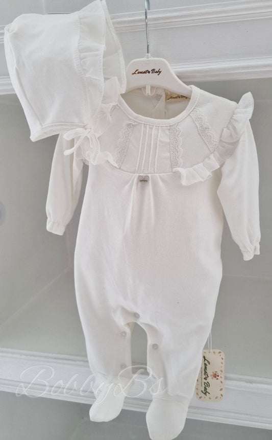 BJ3262W - White Lace babygrow & Bonnet