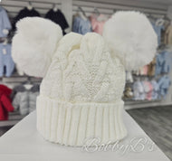 6229- White Cable double pompom hat