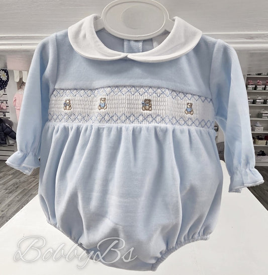 2905 - Blue teddy Smocked Velour romper