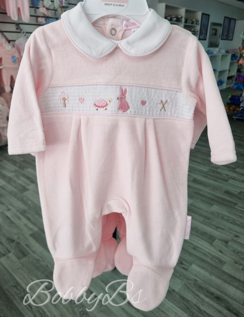 13407 - Pink velour bunny smocked babygrow