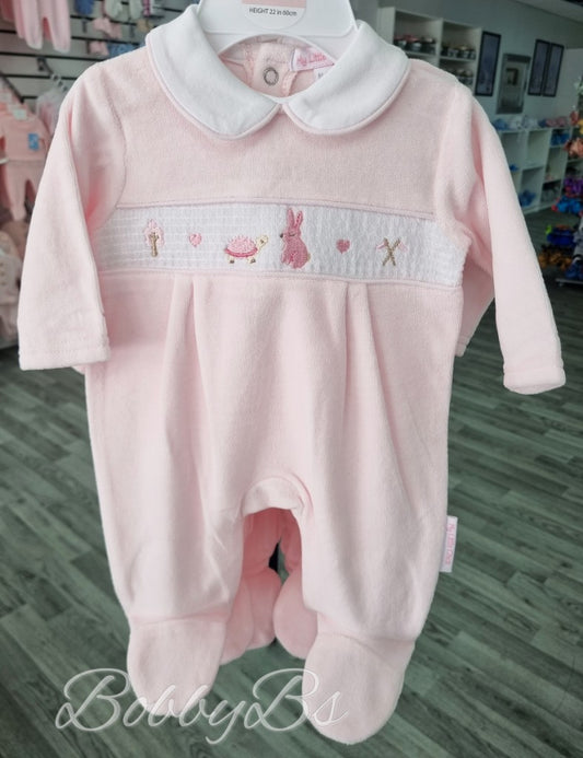 13407 - Pink velour bunny smocked babygrow