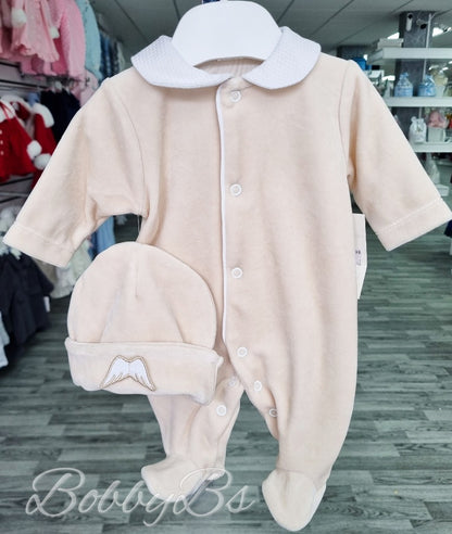 SG137 - Beige Velour angel babygrow set