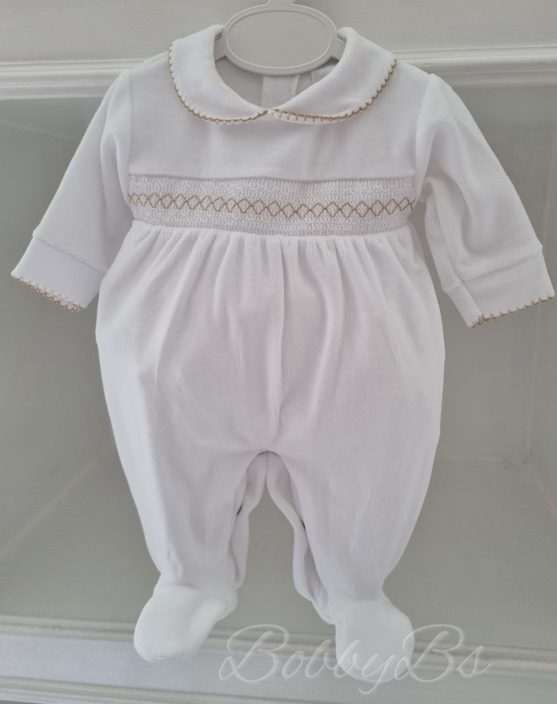 PJW25013- White & Beige velour babygrow
