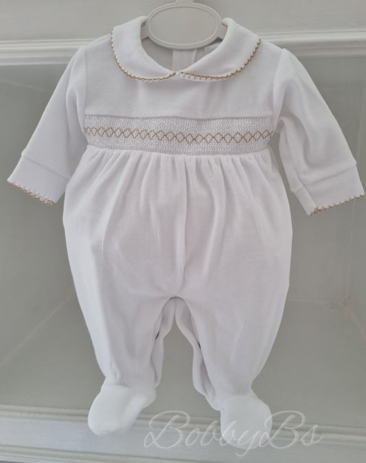 PJW25013- White & Beige velour babygrow