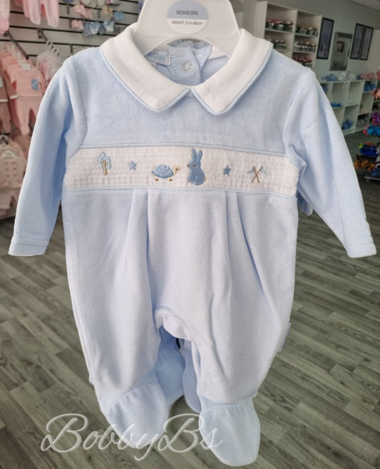 13402- Blue velour bunny smocked babygrow