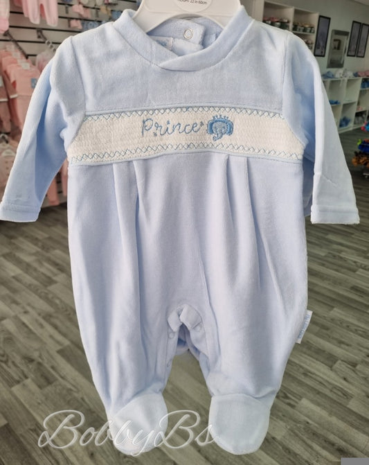 13404- Blue velour Prince smocked babygrow