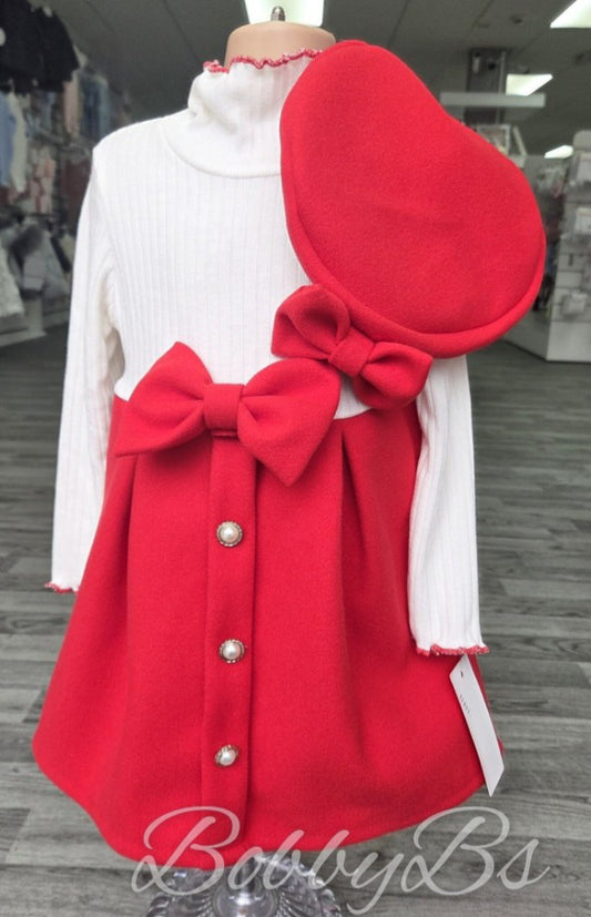 10892 - Red Pearl button dress & Beret set