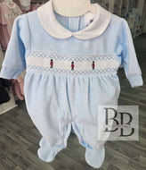 PJW26002- Blue velour Soldier smocked babygrow