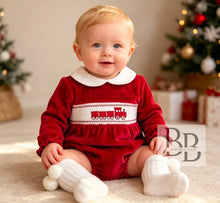 Load image into Gallery viewer, PJW26001- Red Train Smocked velour romper