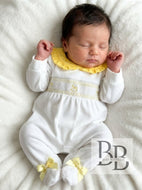 26010 - White&Lemon Smocked velour babygrow