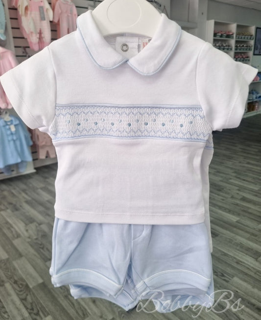 301- Blue cotton smocked short set