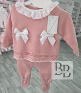5577 -  Dusty Pink Bow First Size 3PC Knitted set