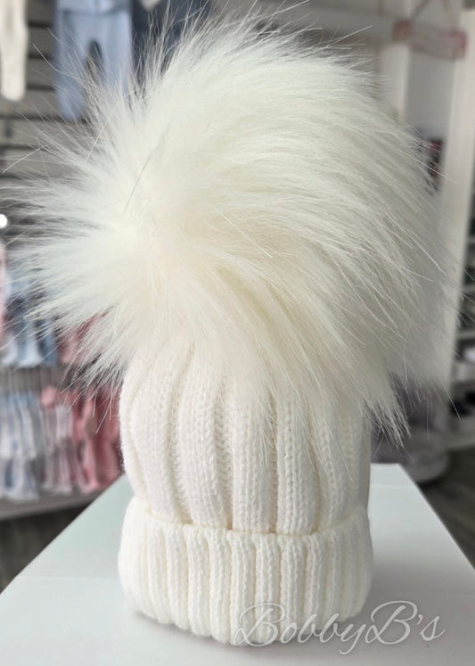 CASCADE BABY - White Ribbed Pompom hat